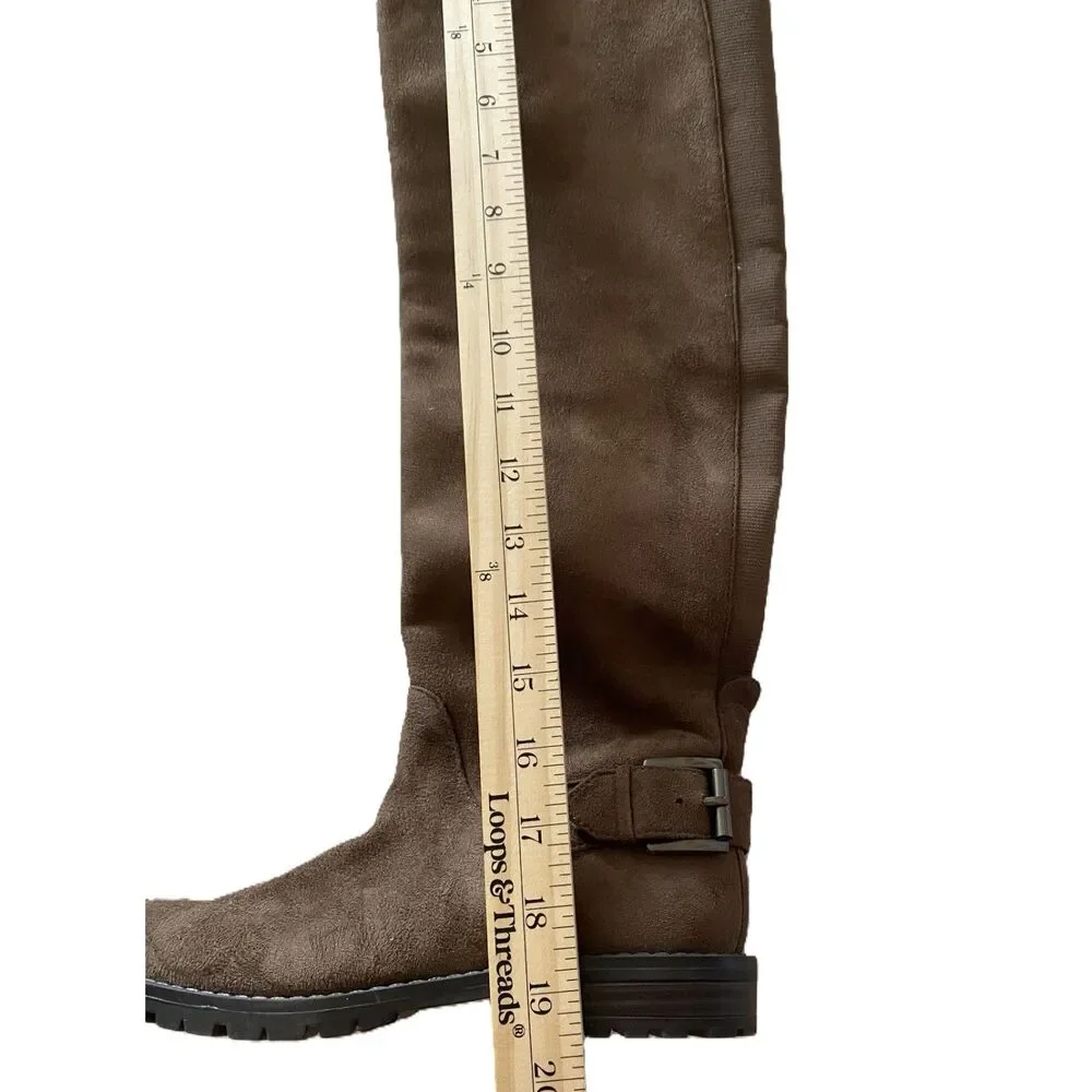 EUC G H BASS India Over the Knee Brown Faux Suede Flat Boots with Buckle Sz 5.5